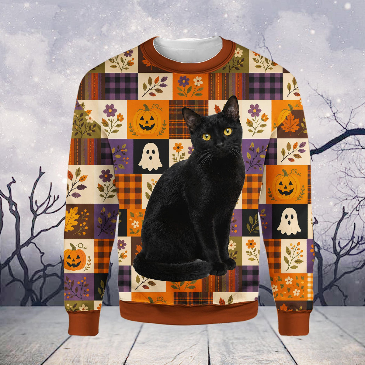 Front view of the halloween ugly sweater featuring pumpkins and ghosts