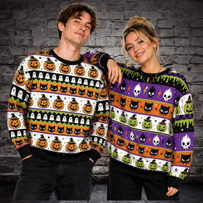 Lifestyle shot of an adult wearing the ugly halloween sweater outdoors