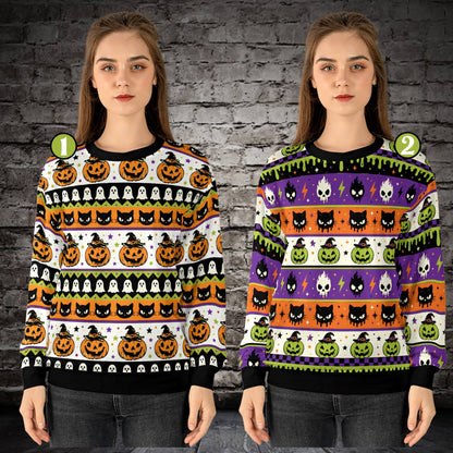 Another lifestyle view showing the fit of the Halloween ugly sweater