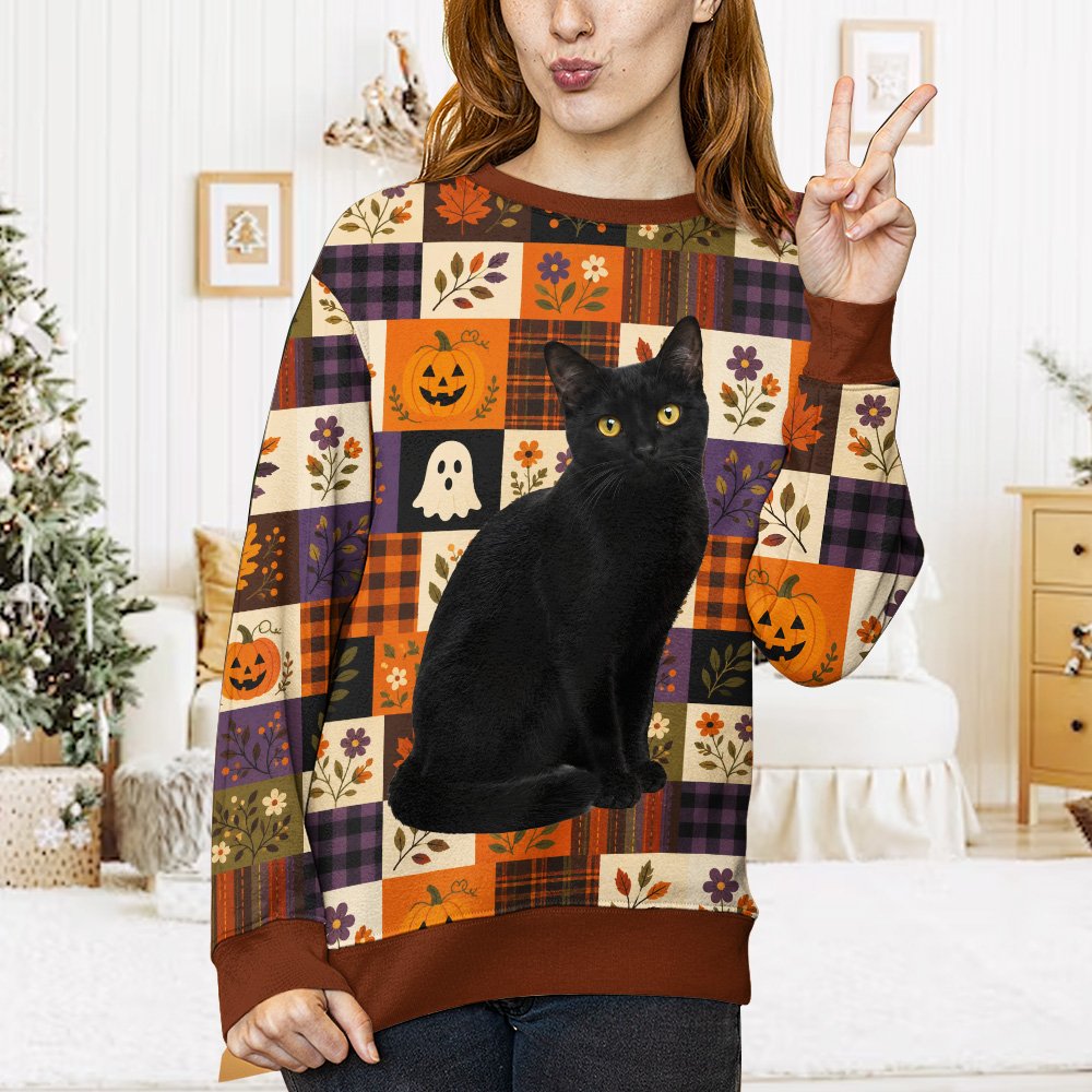 Lifestyle view of a person wearing the halloween ugly sweater at a seasonal event