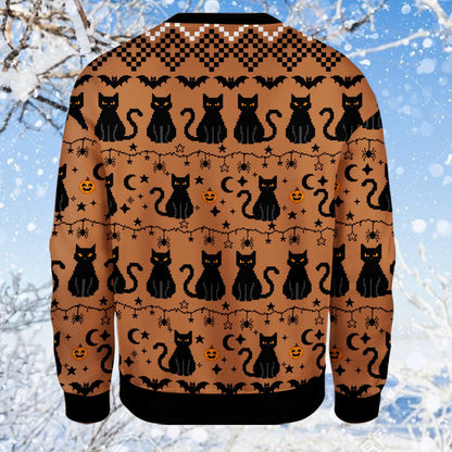 Back view of orange and black Halloween holiday ugly sweater