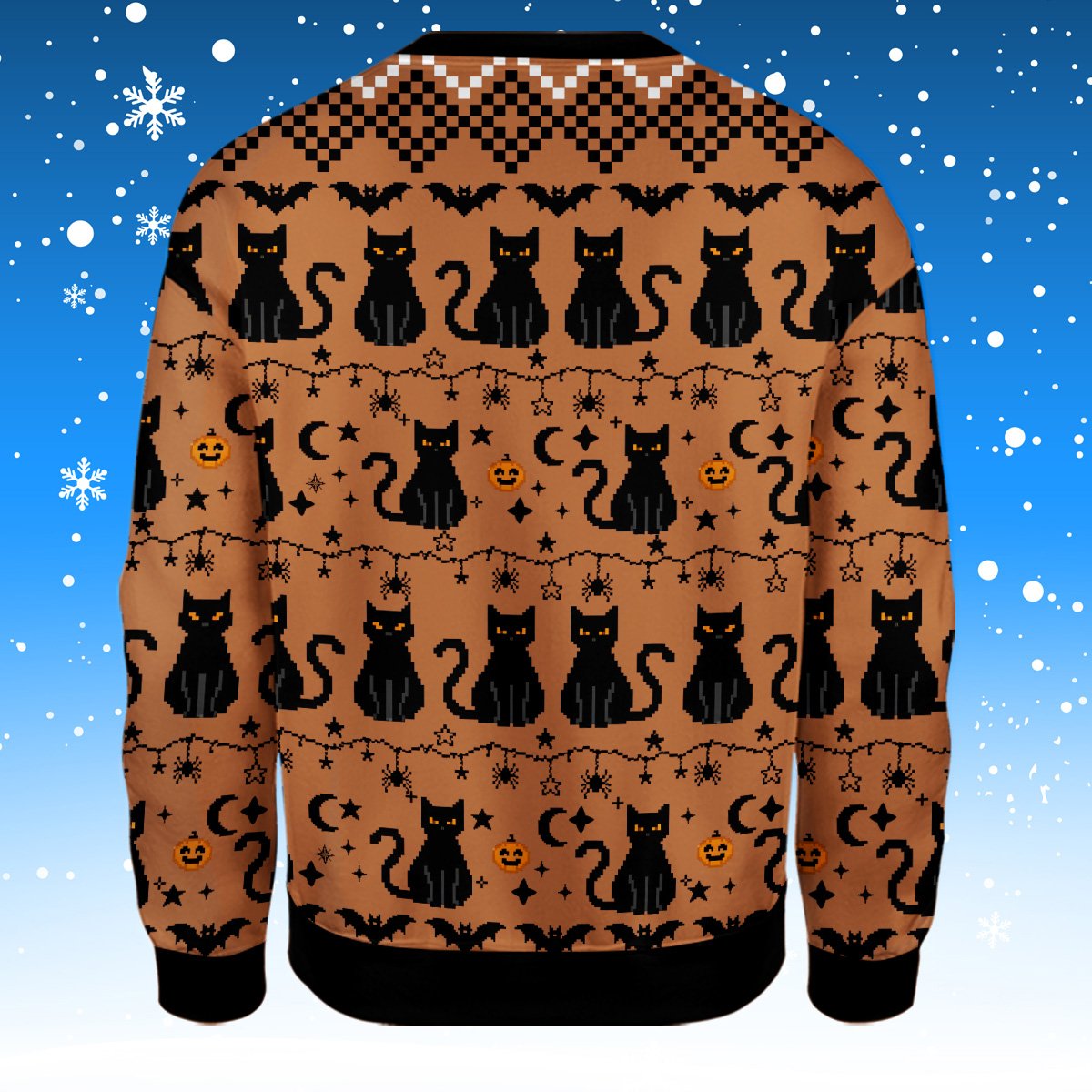 Back view showing repeating pumpkin and cat pattern