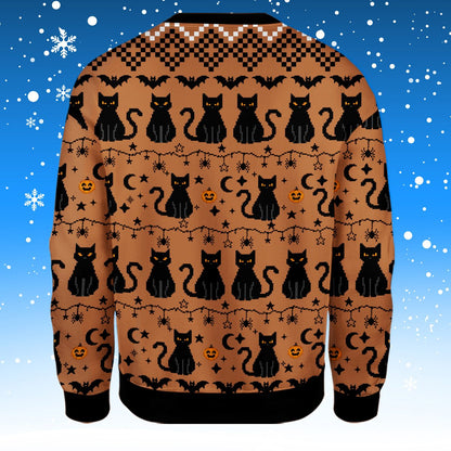 Back view showing repeating pumpkin and cat pattern