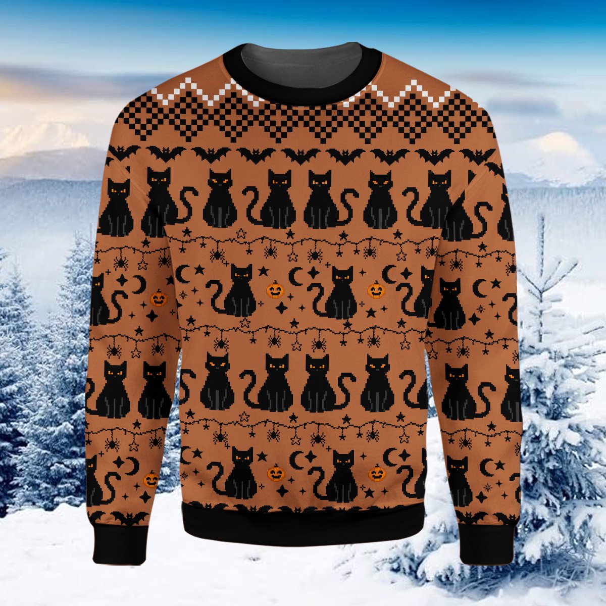 Orange and black faux-knit holiday ugly sweater, front view