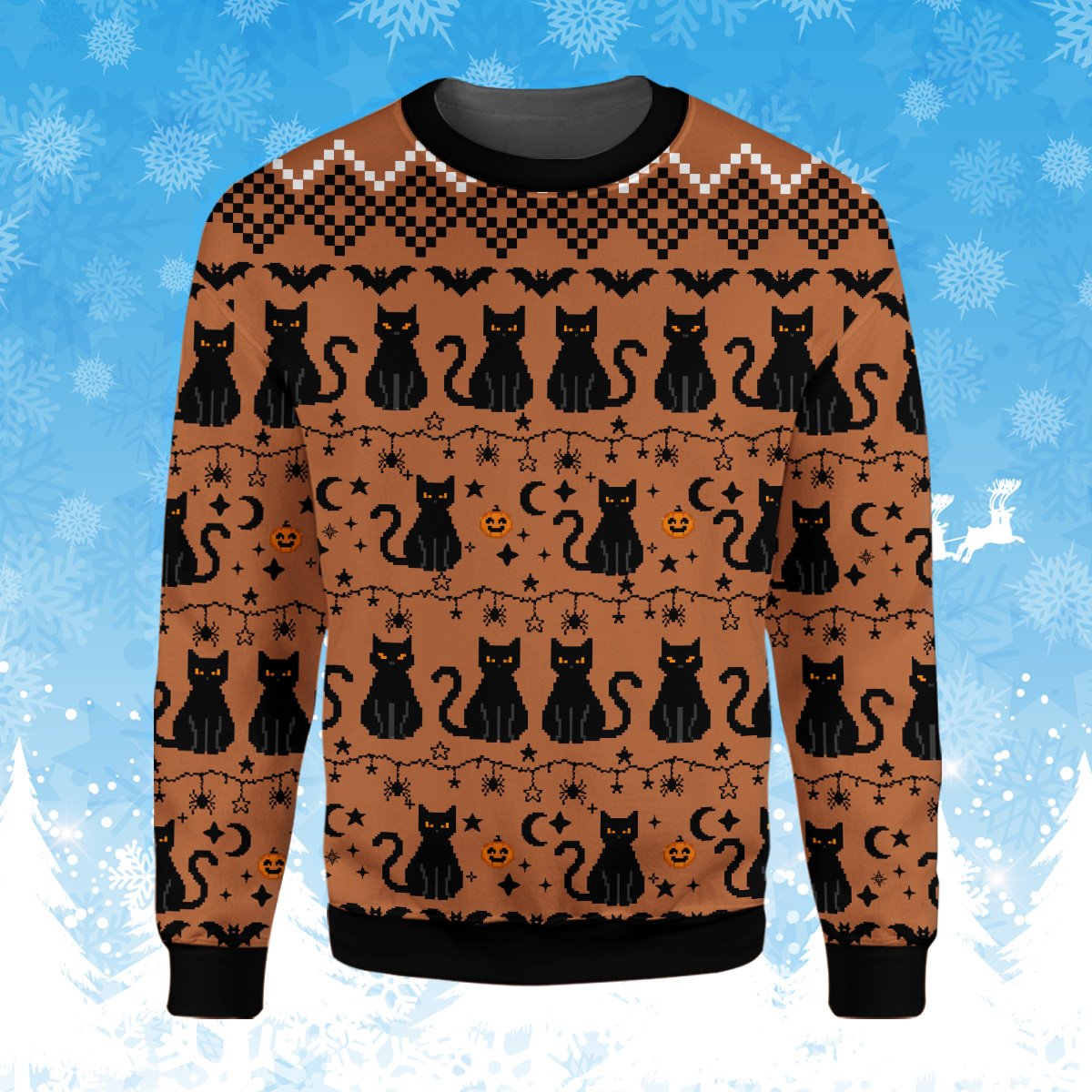 Halloween ugly sweater featuring bats and pumpkins pattern, front view