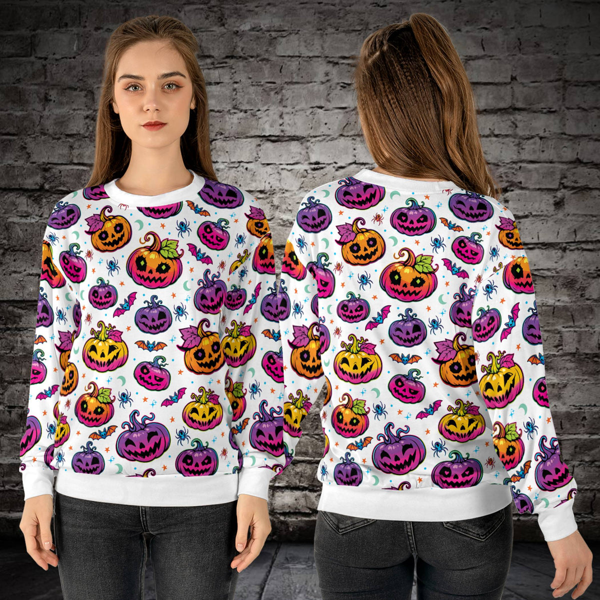 White front view of the ugly halloween christmas sweater featuring colorful jack-o'-lanterns