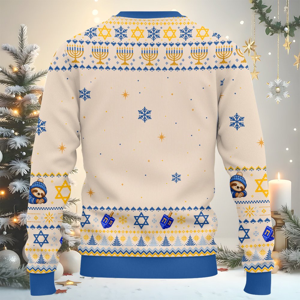 Another back view of the holiday sweater ugly design with blue and gold accents