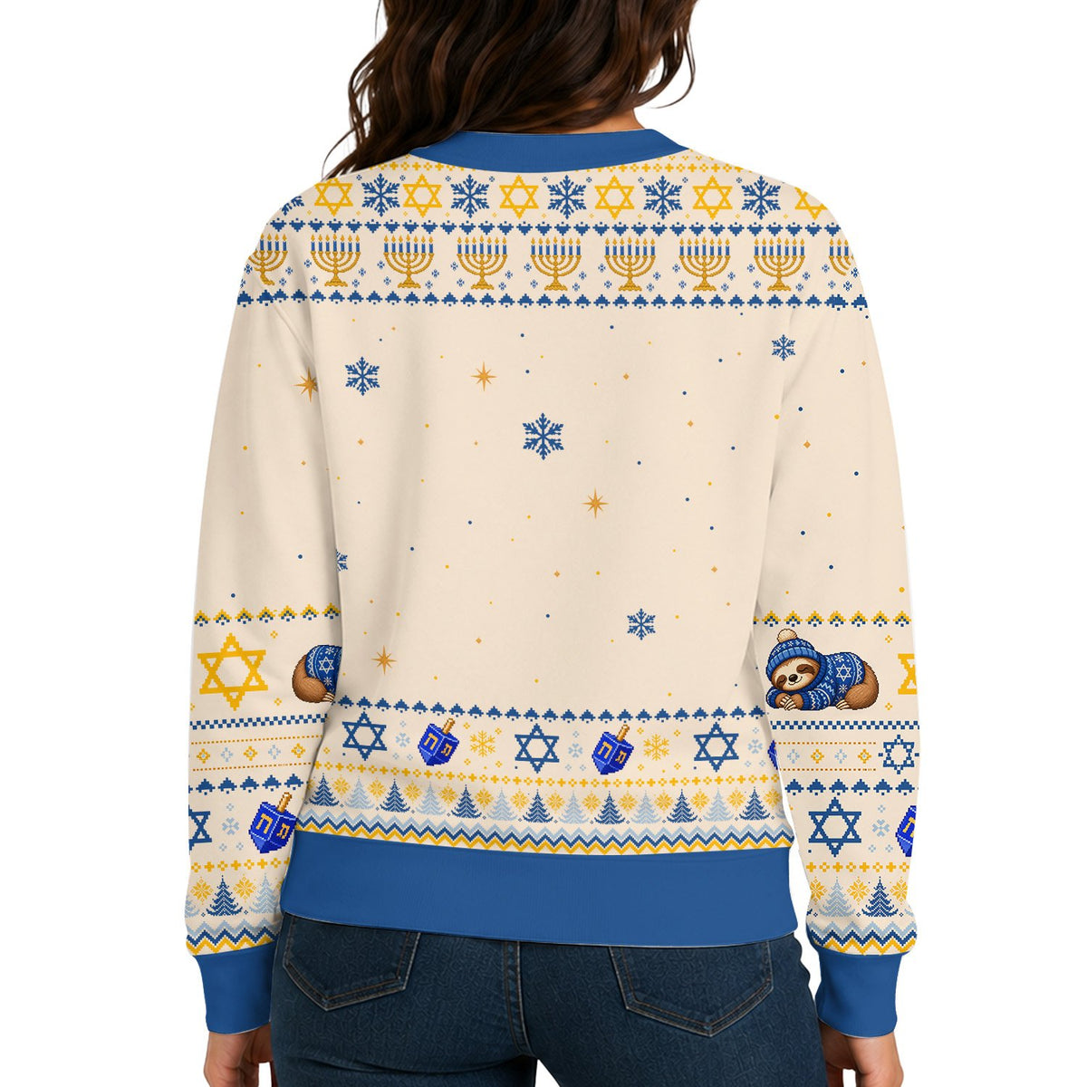 Detailed back view of the winter ugly sweater showing snowflakes and trees