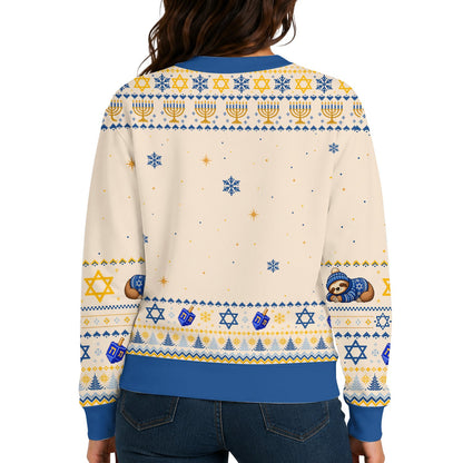 Detailed back view of the winter ugly sweater showing snowflakes and trees