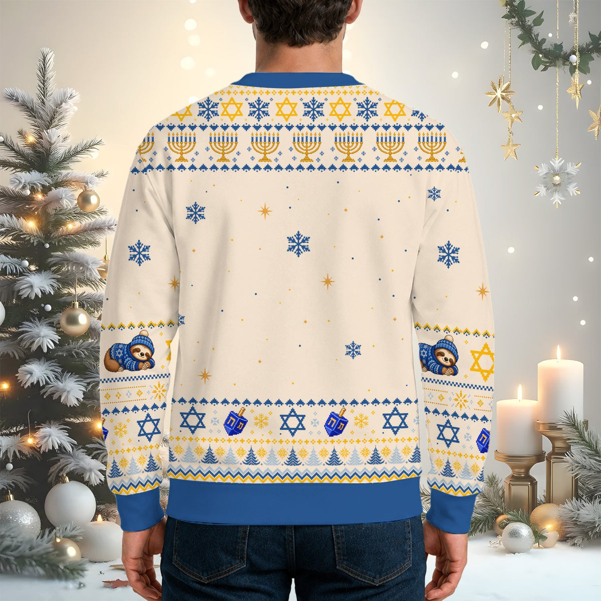 Final back view showcasing the all-over Hanukkah print pattern