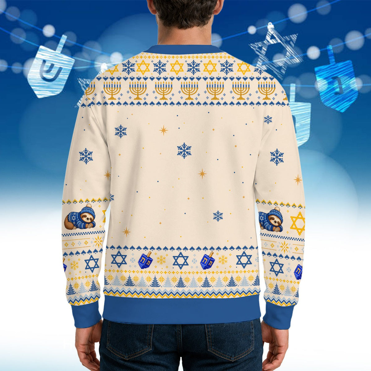 Back view of the beige Hanukkah ugly sweater showing the traditional holiday pattern
