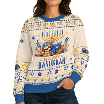 Close up front view of the sloth and dreidel design on the Hanukkah ugly sweater