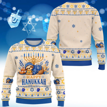 Detailed front view showing sufganiyot and Star of David patterns on the sweater