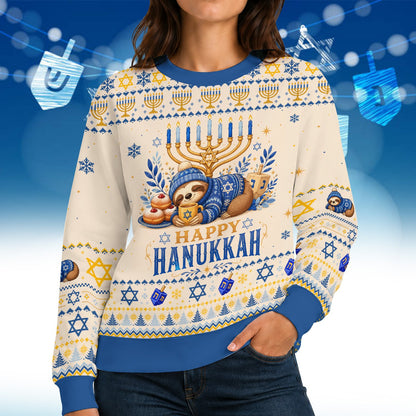 Front view of the beige Hanukkah ugly sweater with blue and gold holiday motifs