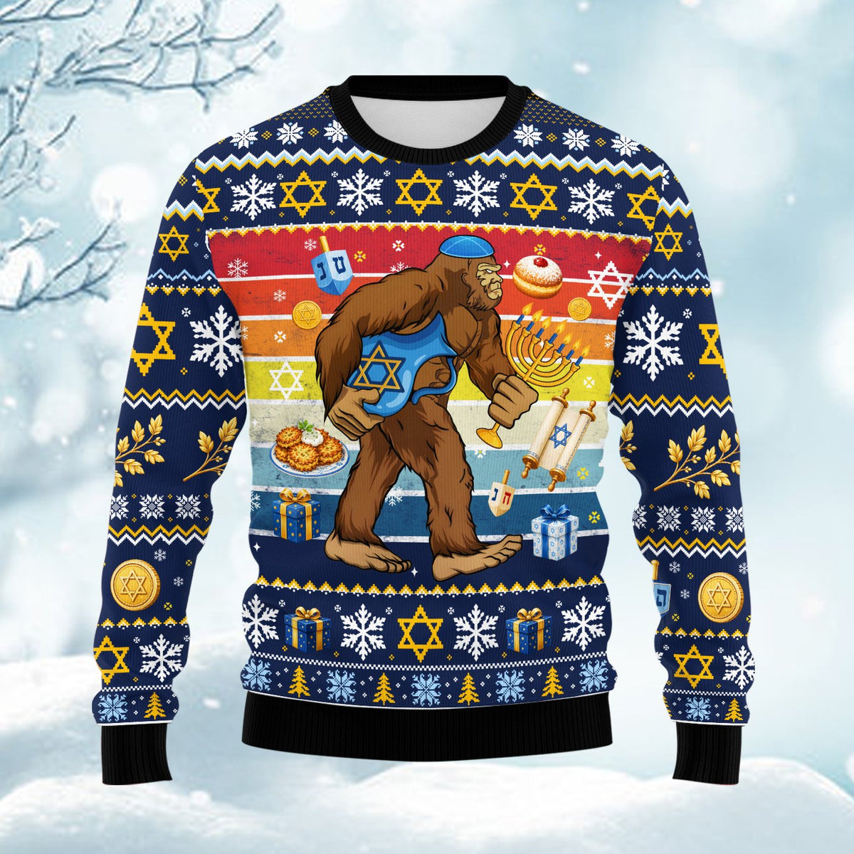 Holiday ugly sweater with Bigfoot holding menorah, front view 2