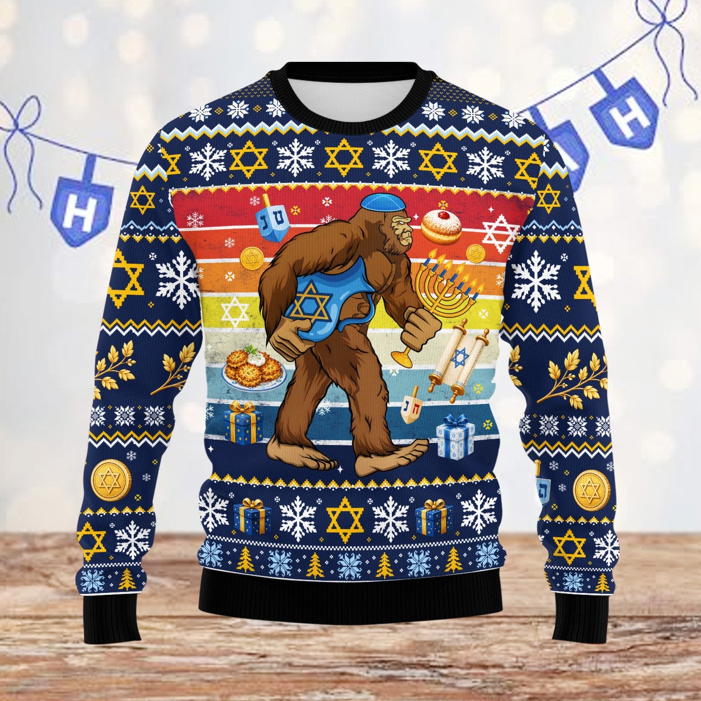 Hanukkah bigfoot ugly sweater, main view
