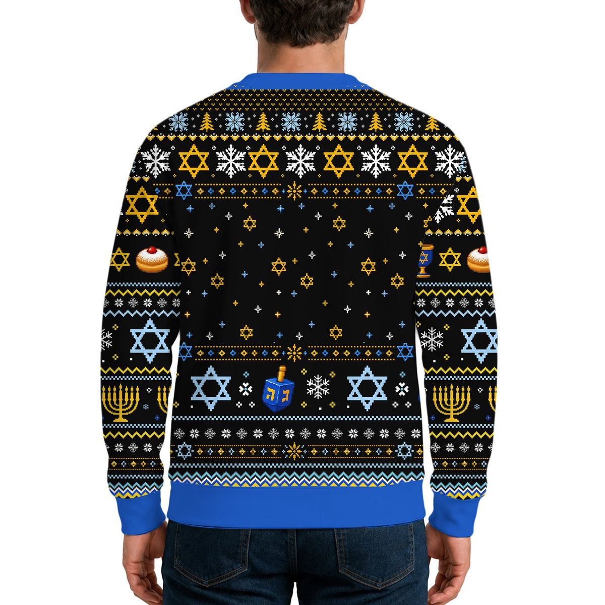 Back view showing pixelated holiday patterns on the black sweater