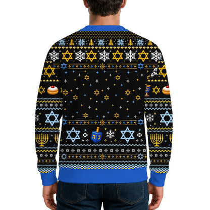 Back view showing pixelated holiday patterns on the black sweater