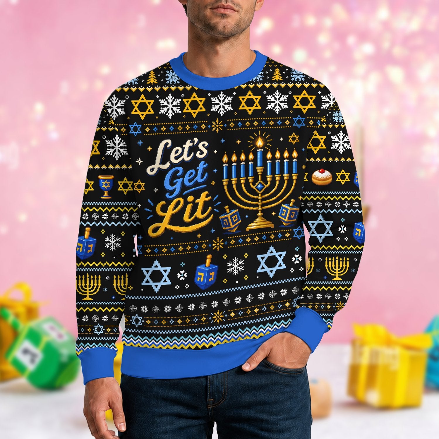 Close up front view of the Let's Get Lit holiday ugly sweater