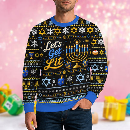 Close up front view of the Let's Get Lit holiday ugly sweater