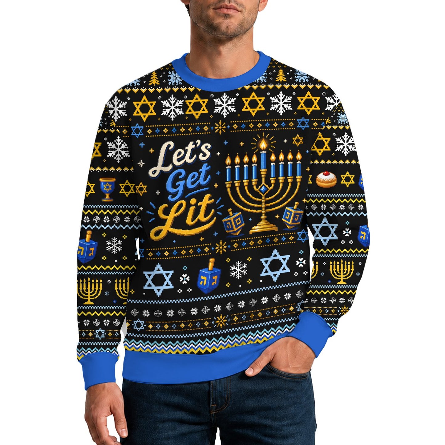 Front view of the black ugly hanukkah sweater featuring menorahs and dreidels