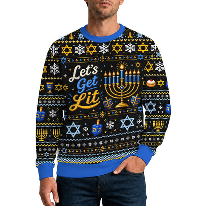 Front view of the black ugly hanukkah sweater featuring menorahs and dreidels