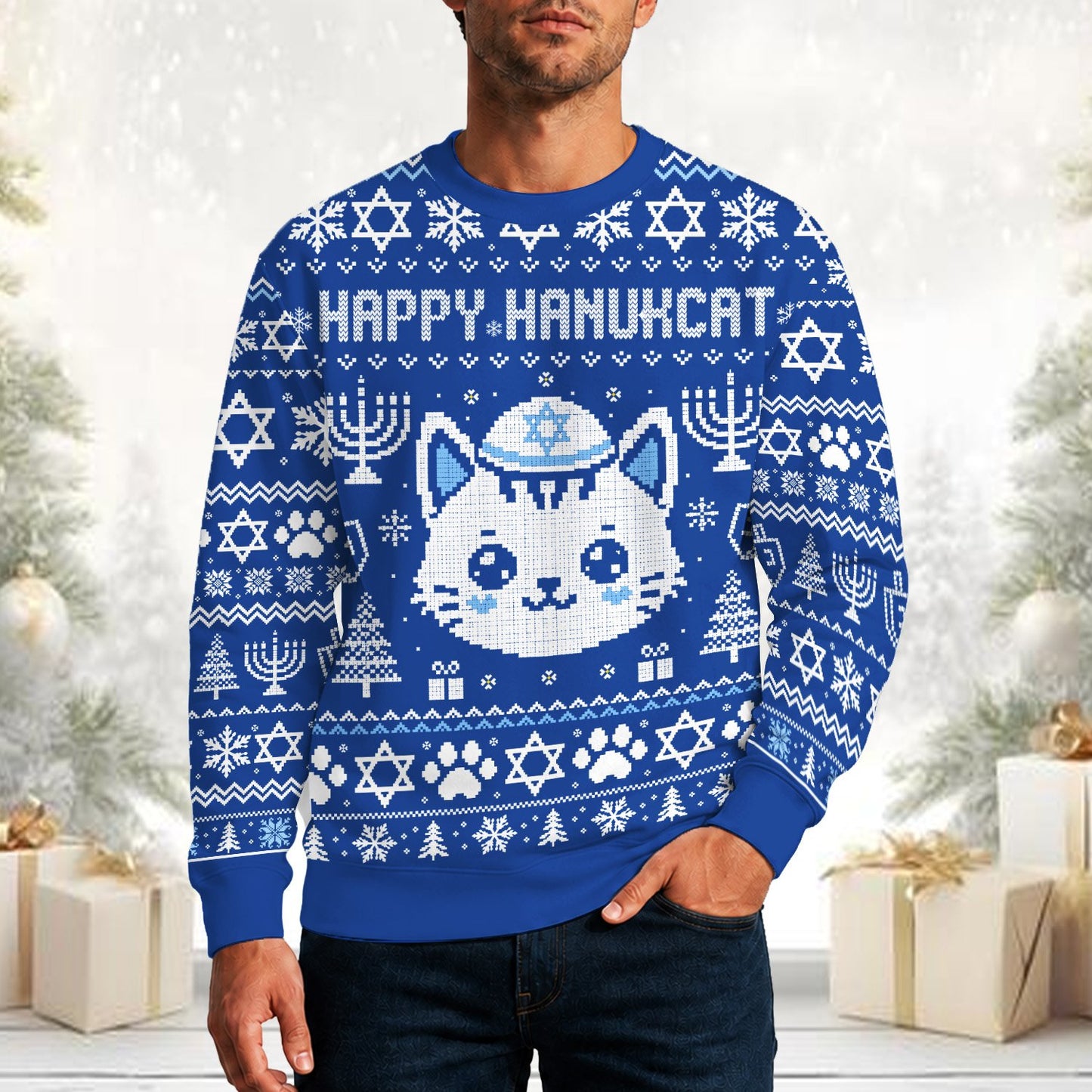 Happy Hanukcat holiday ugly christmas sweater with menorahs and dreidels, main view
