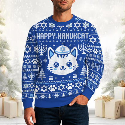 Happy Hanukcat holiday ugly christmas sweater with menorahs and dreidels, main view