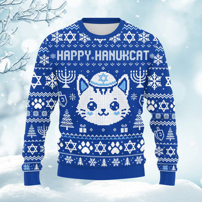 Lifestyle image of someone wearing the Happy Hanukcat winter sweater