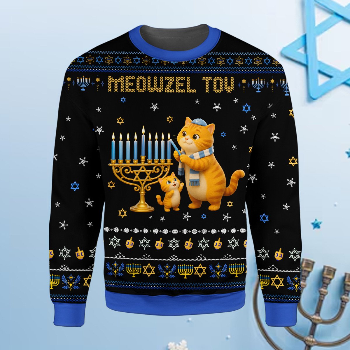 Front detail of the holiday ugly sweater with cats