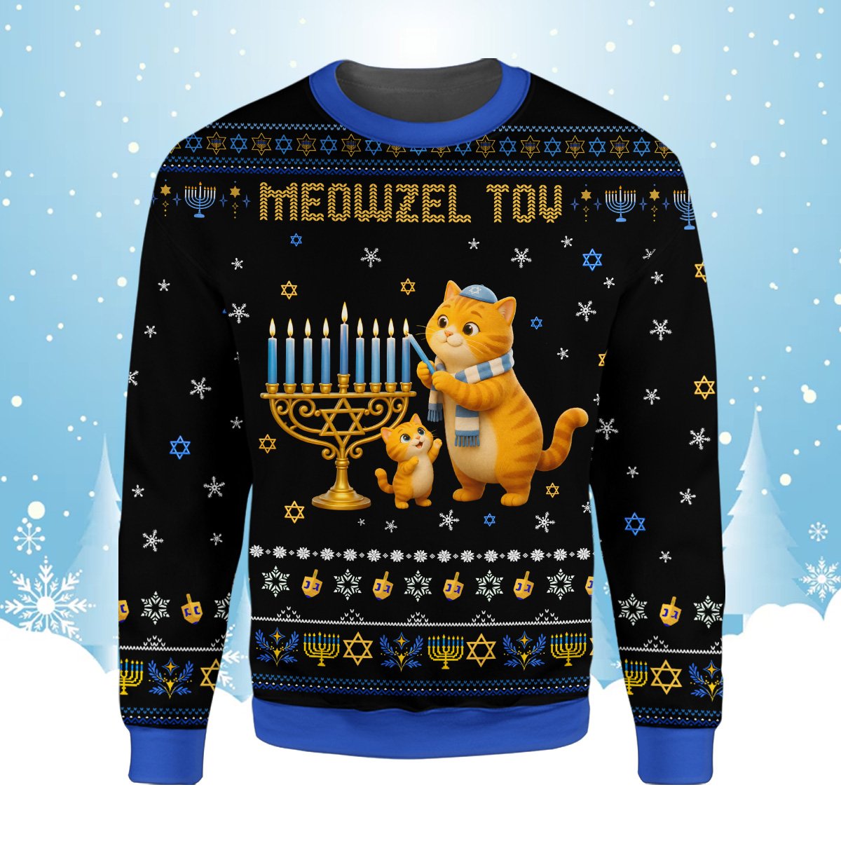 Close up front view of the cat and menorah design