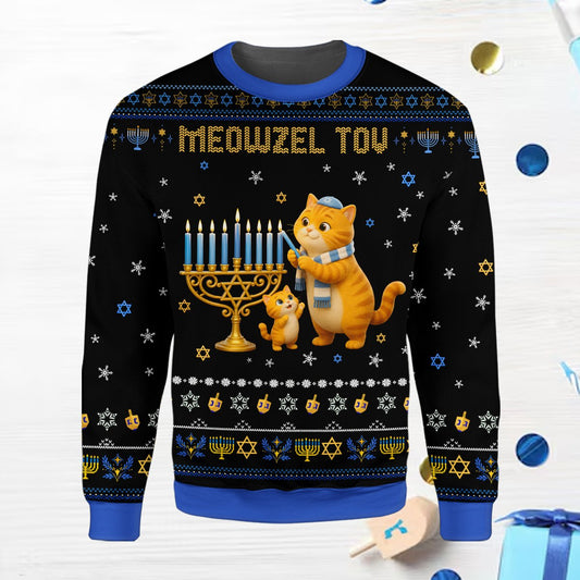 Where to buy ugly hanukkah sweater featuring tabby cats and menorah, main view