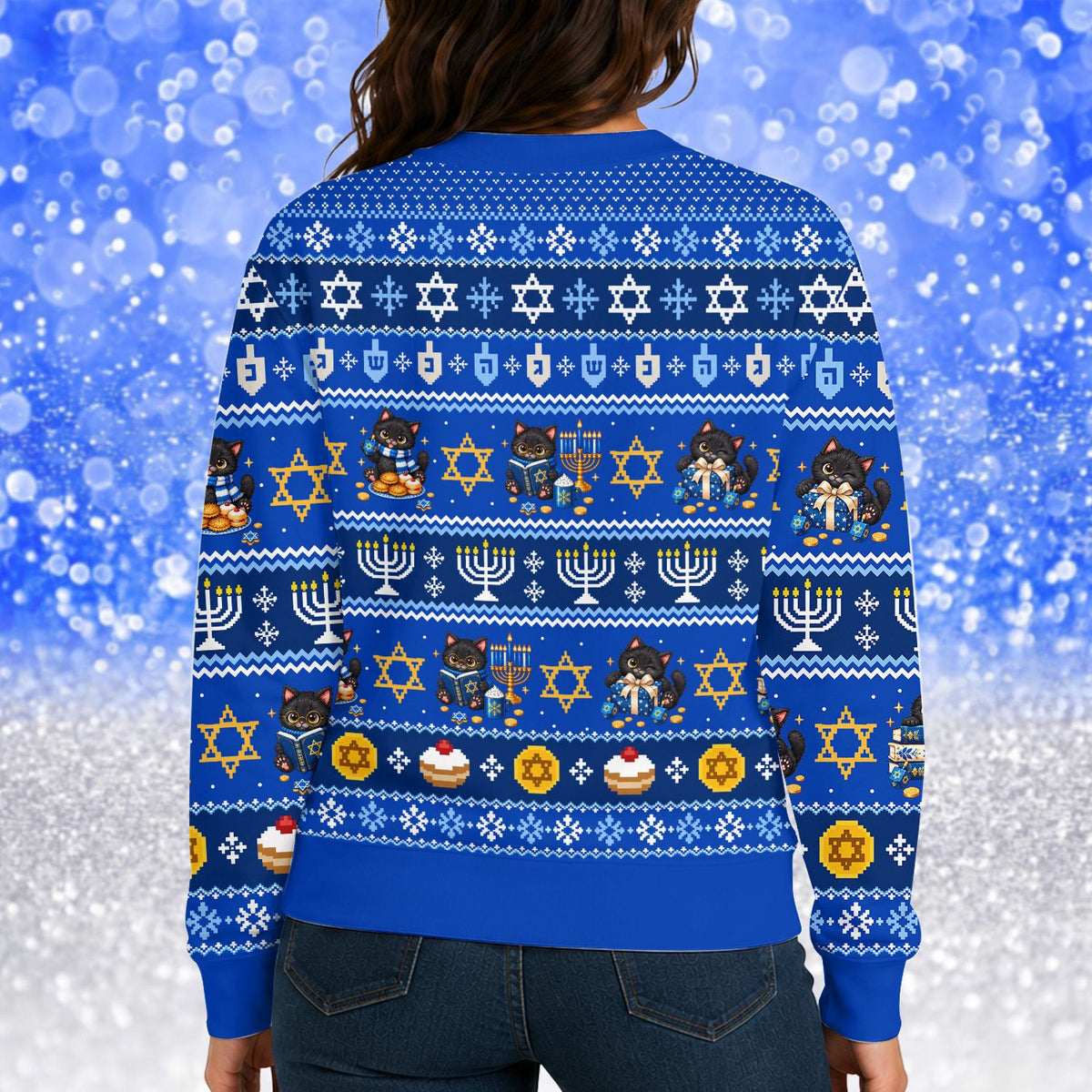Detailed back view of the blue Hanukkah cats ugly sweater