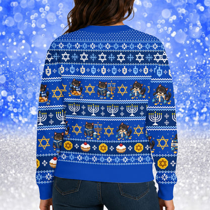 Detailed back view of the blue Hanukkah cats ugly sweater