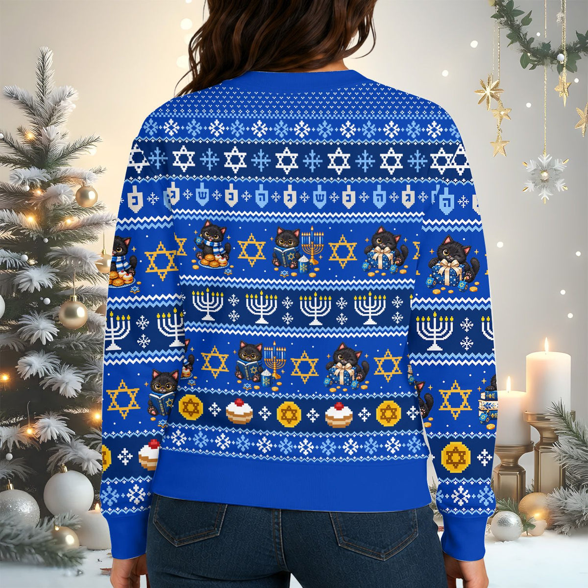 Alternate back view of the blue Hanukkah cats ugly sweater