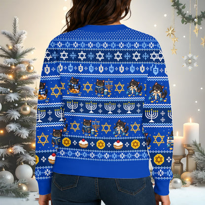 Alternate back view of the blue Hanukkah cats ugly sweater