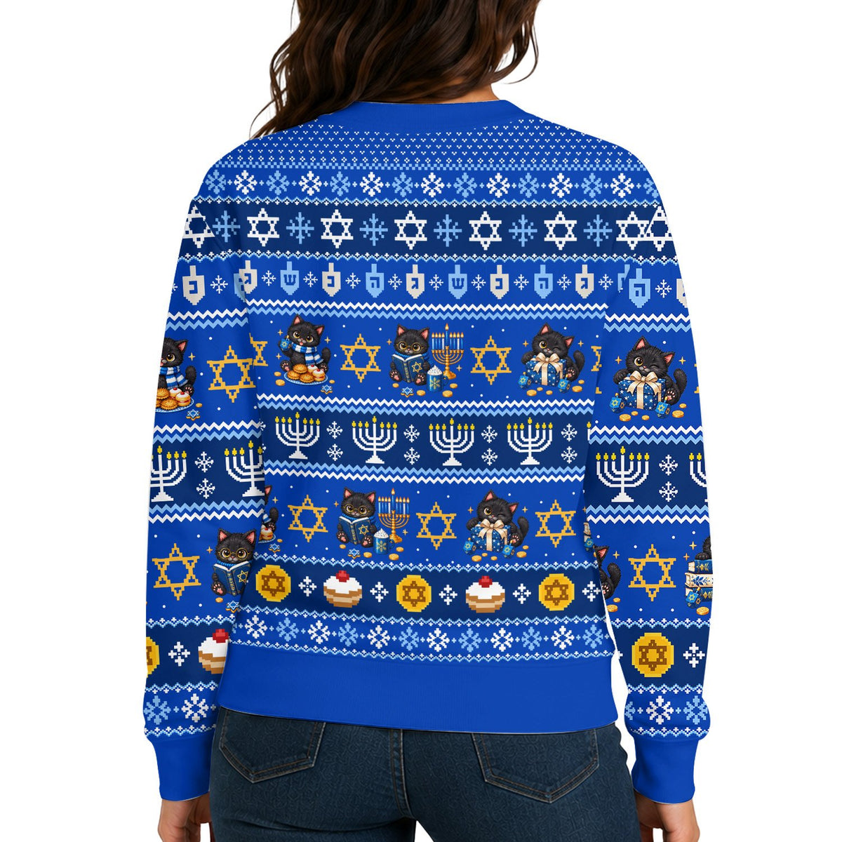 Back view of the blue Hanukkah cats ugly sweater