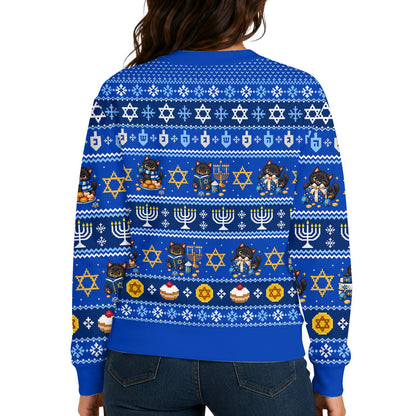 Back view of the blue Hanukkah cats ugly sweater