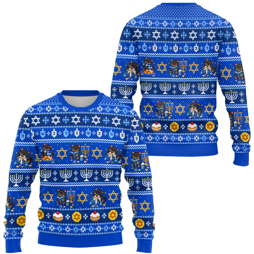 Blue ugly Hanukkah sweater featuring black cats and menorahs, front view