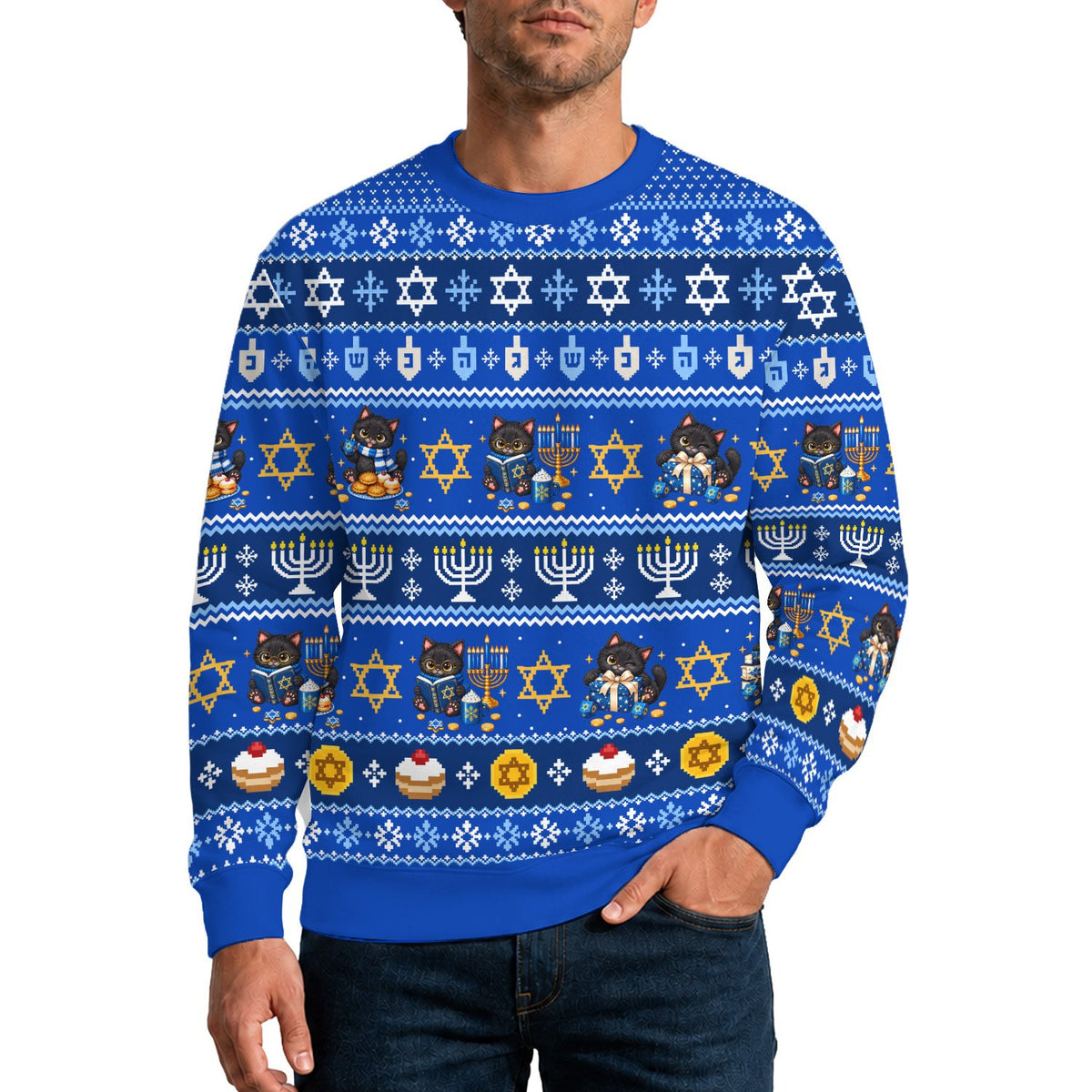 Third lifestyle view of an adult wearing the Hanukkah cats ugly sweater