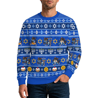 Third lifestyle view of an adult wearing the Hanukkah cats ugly sweater
