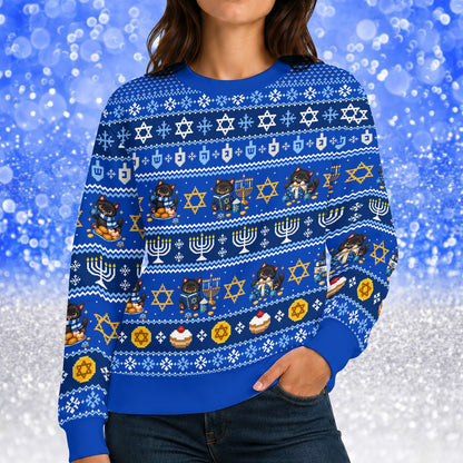 Lifestyle view of an adult wearing the Hanukkah cats ugly sweater