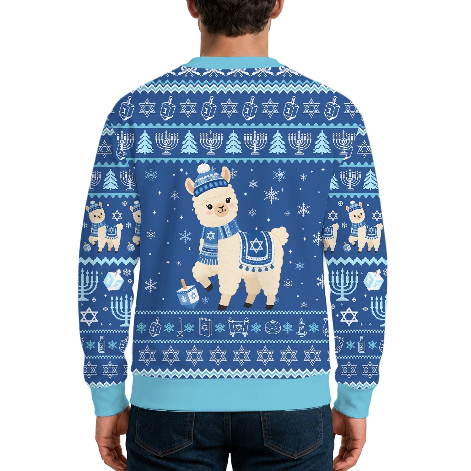 back view of the blue hanukkah ugly christmas sweater