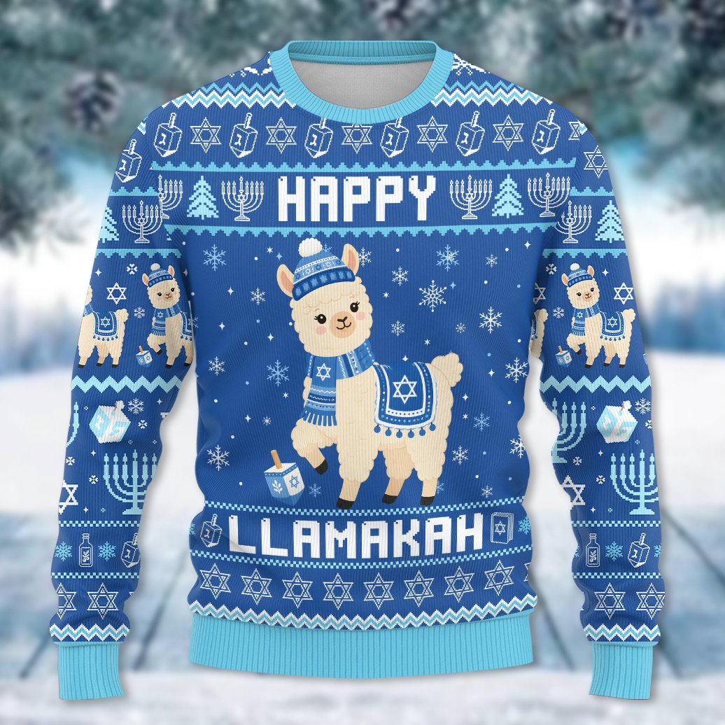 happy llamakah blue holiday sweater, front view 2