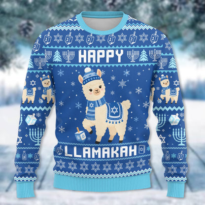 happy llamakah blue holiday sweater, front view 2
