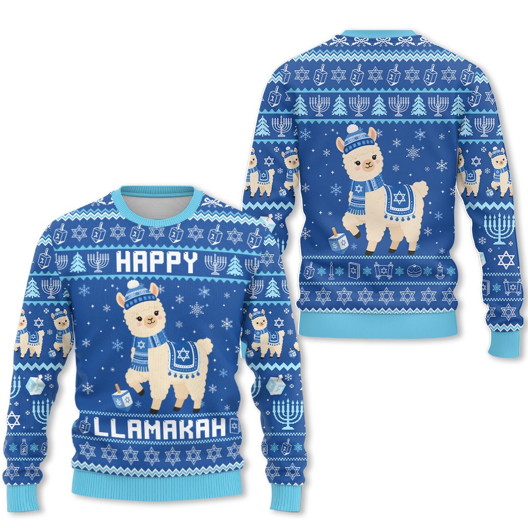 festive llama ugly sweater with menorahs and dreidels, front view 3