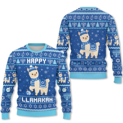 festive llama ugly sweater with menorahs and dreidels, front view 3