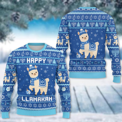 ugly hanukkah sweater featuring a llama in a beanie, front view