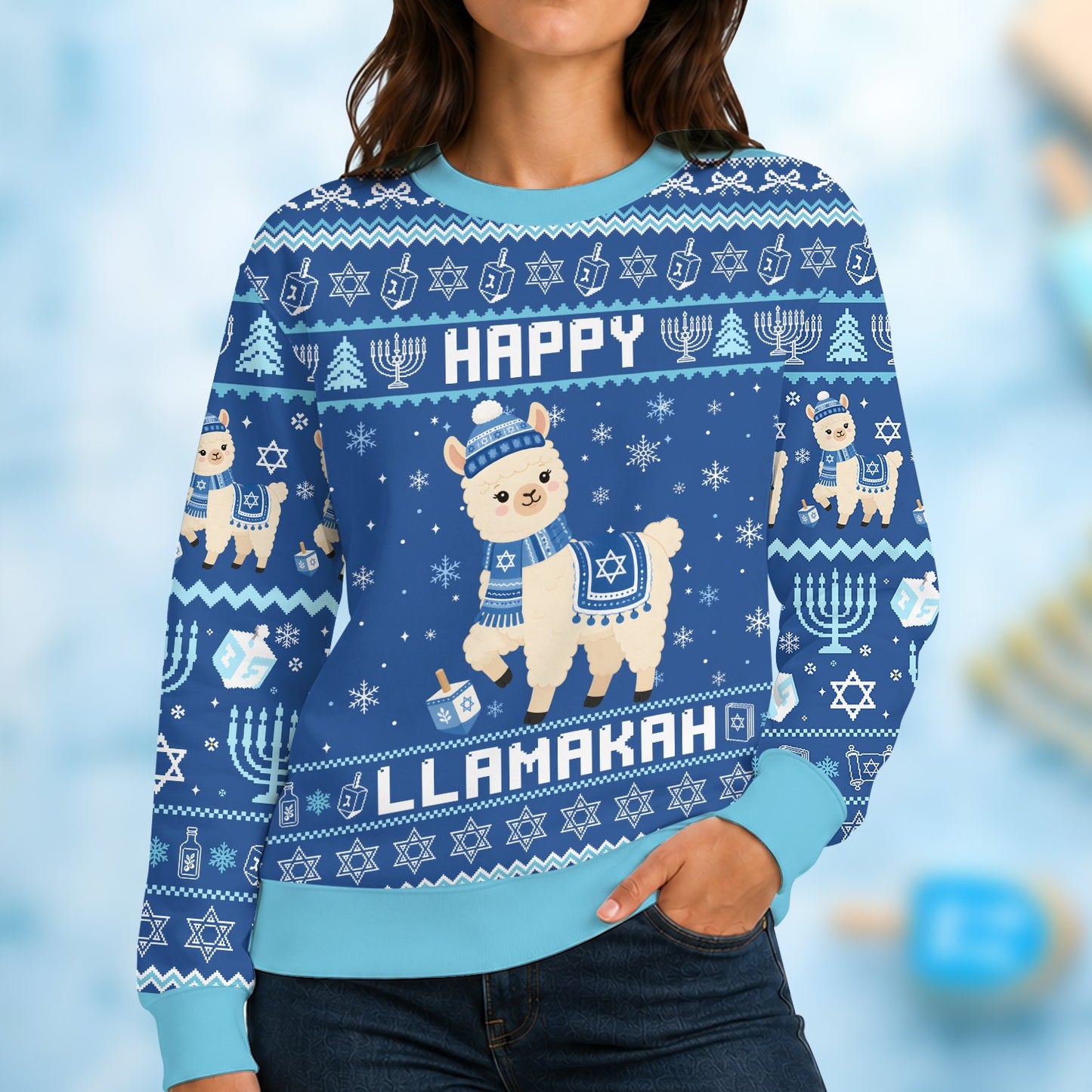 adult wearing the hanukkah ugly christmas sweater at a holiday party
