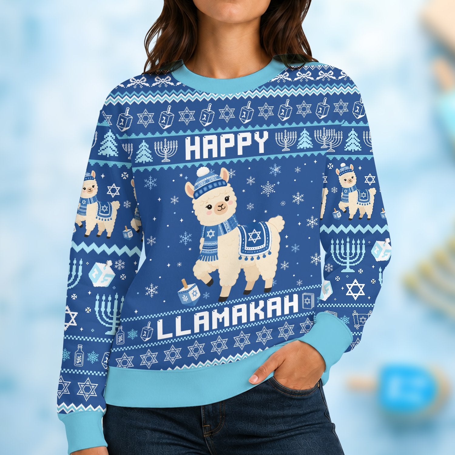 adult wearing the hanukkah ugly christmas sweater at a holiday party